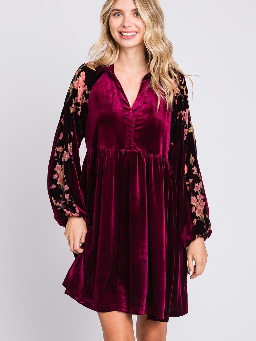 Umgee Velvet Babydoll Maternity Dress in Wine with Floral Sleeves